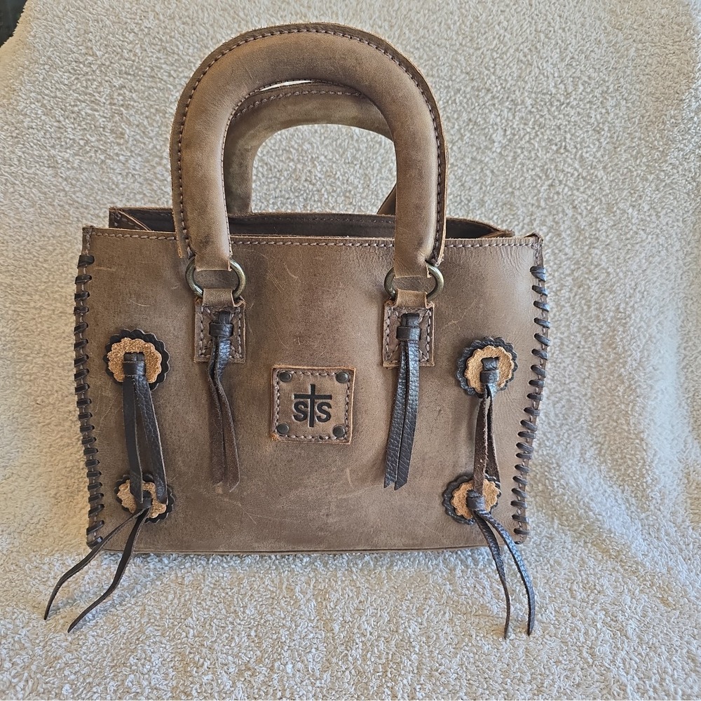 STS Ranchwear Leather Double Handle Satchel Purse Western Fringe Buck Stitching